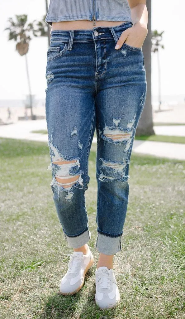 Judy Blue Dark Wash Mid Rise Distressed Blue Jeans Size Medium 29.5” Waist 7/28 - Image 3