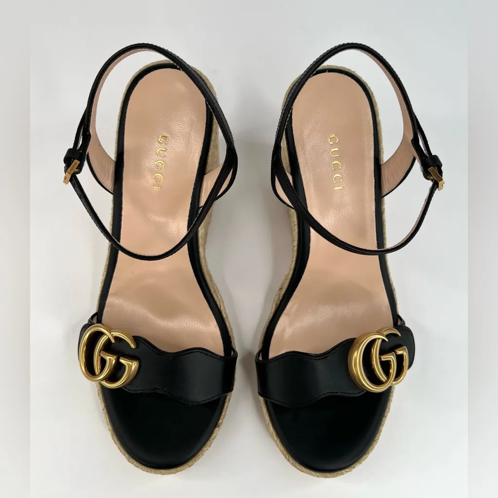 Gucci Galassia Aitana Lifford Black Leather Wedge Double G Logo Sandals EU 41.5 - Image 9
