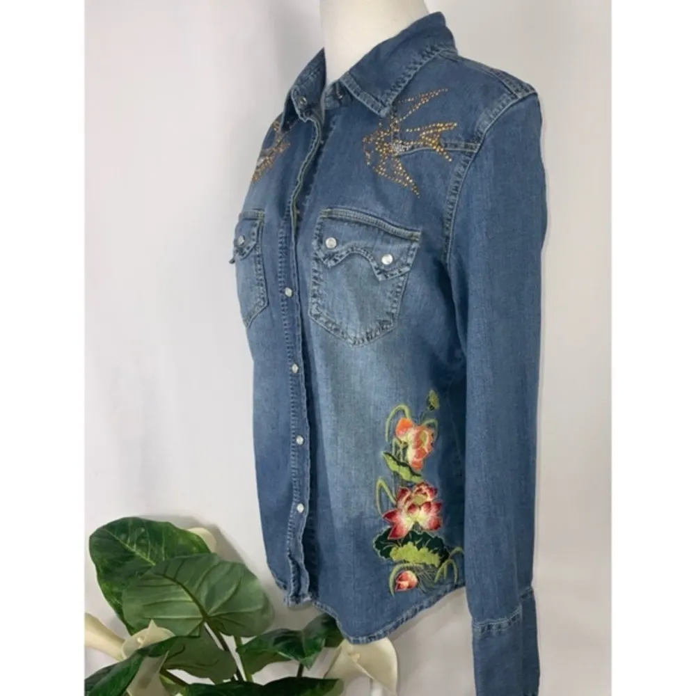 Country Royal Denim Floral Embroidered & Studded Birds Long Sleeve Shirt Medium - Image 3