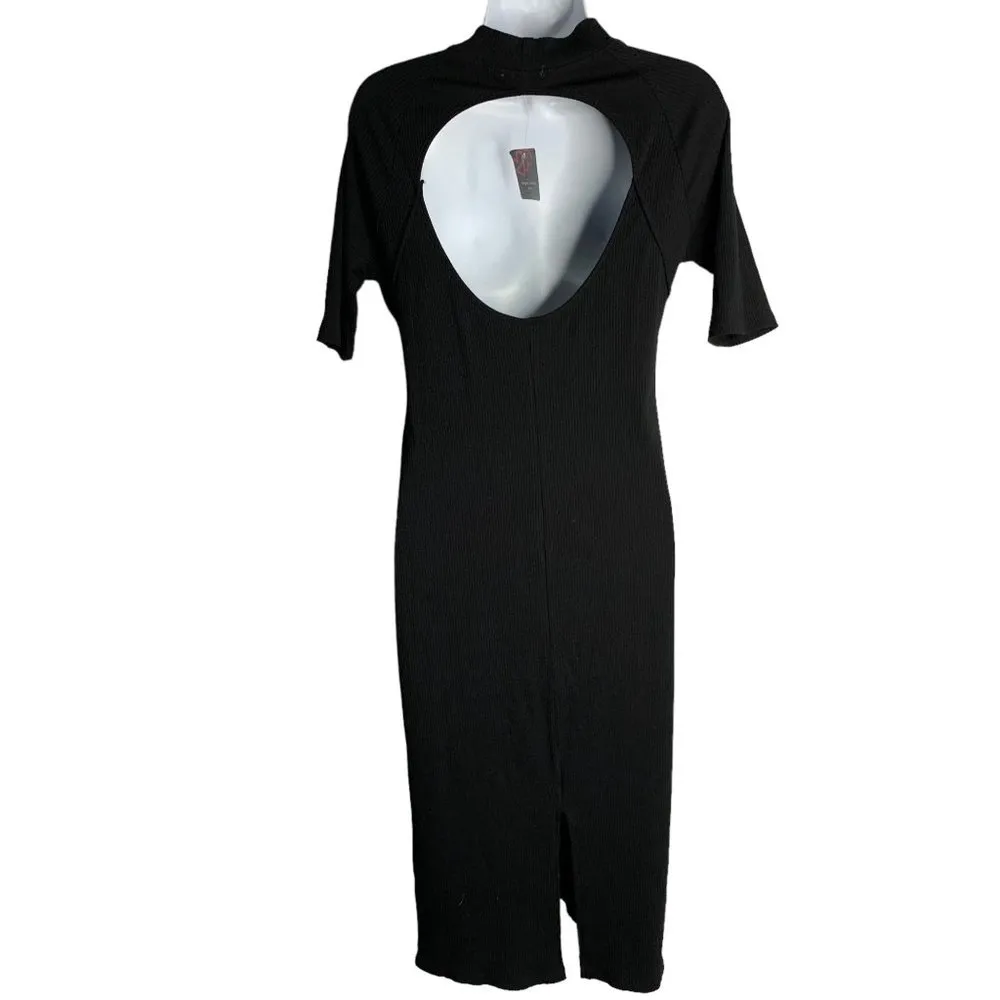 Heart & Hips Open Back High Neck Maxi Dress L Black Ribbed Bodycon Short Sleeve - Image 3