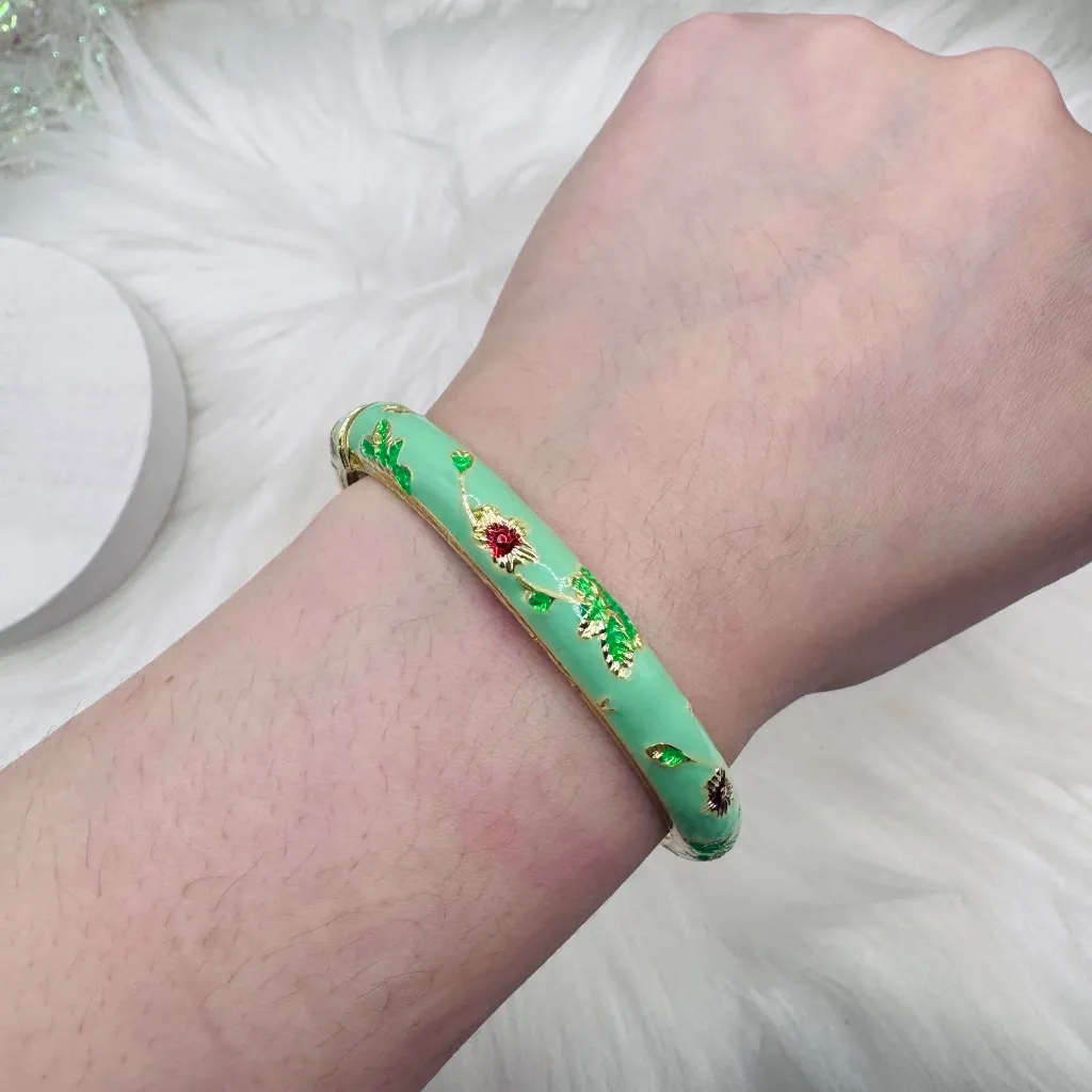 Mint Green Flower Enamel Cloisonne Bracelet Bangle - Image 6