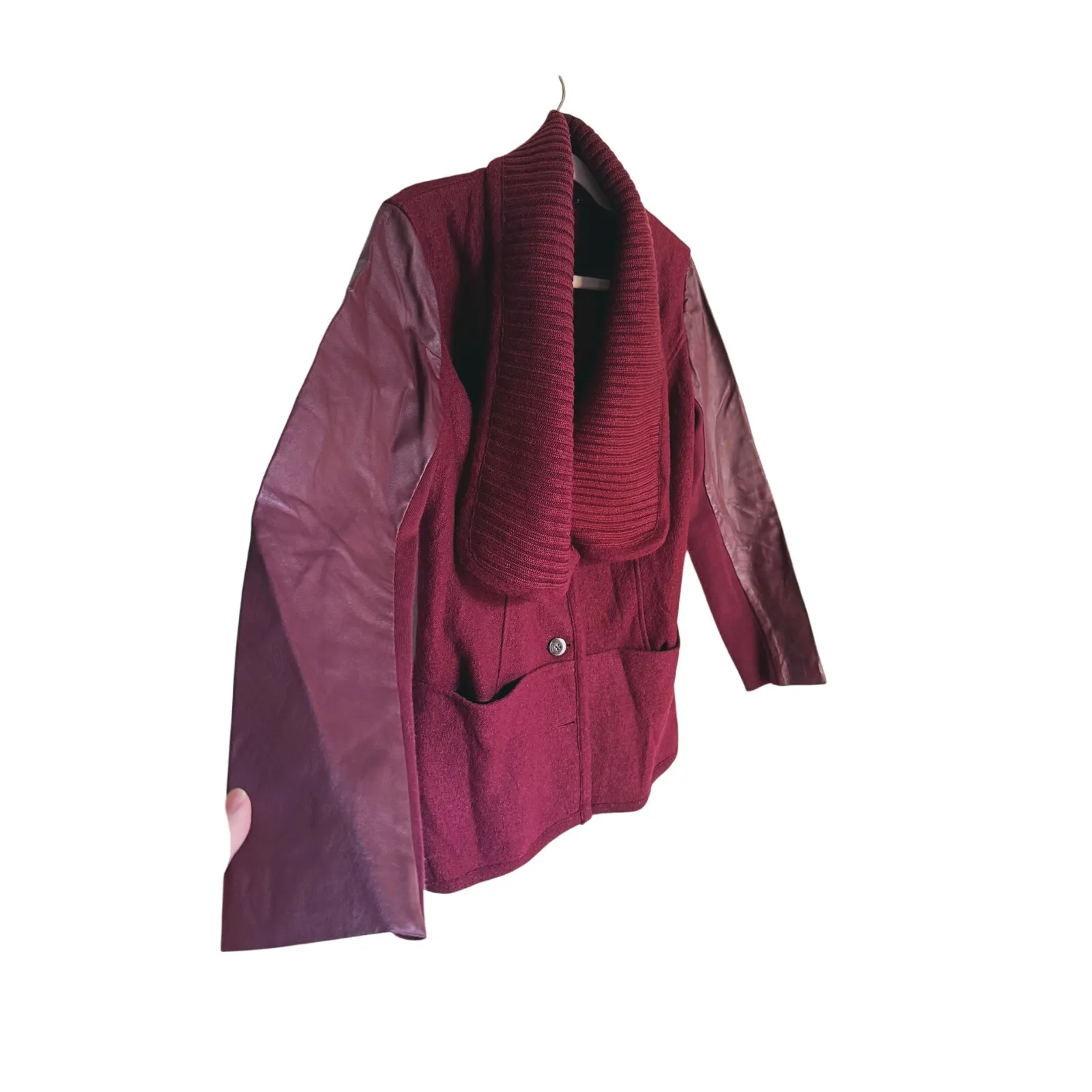 Halston Quiet Luxury Leather Wool Knit Jacket Peacoat Size 6 Red Maroon Street - Image 4