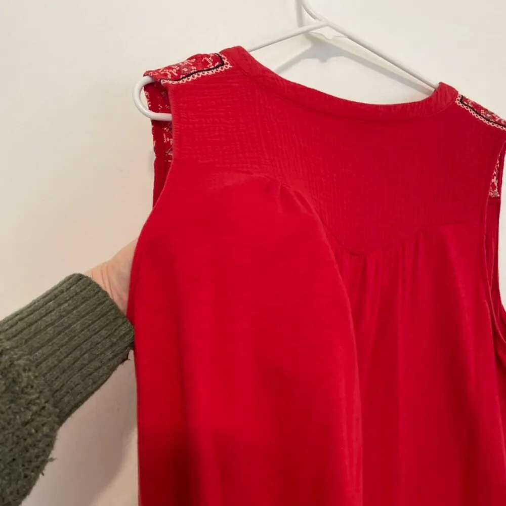 KNOX ROSE Sleeveless Gauze Tank Top Bright Red Embroidered Geo Mixed Media Boho - Image 12