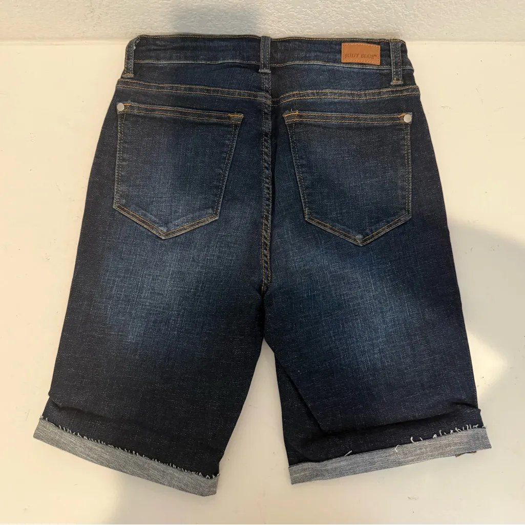 JUDY BLUE Denim Dark Blue Patch Destroyed Bermuda Jean Shorts High Rise Small - Image 7