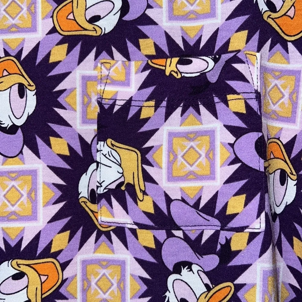 Disney LuLaRoe Carly dress size XS Donald Duck purple gold starburst geometric - Image 5
