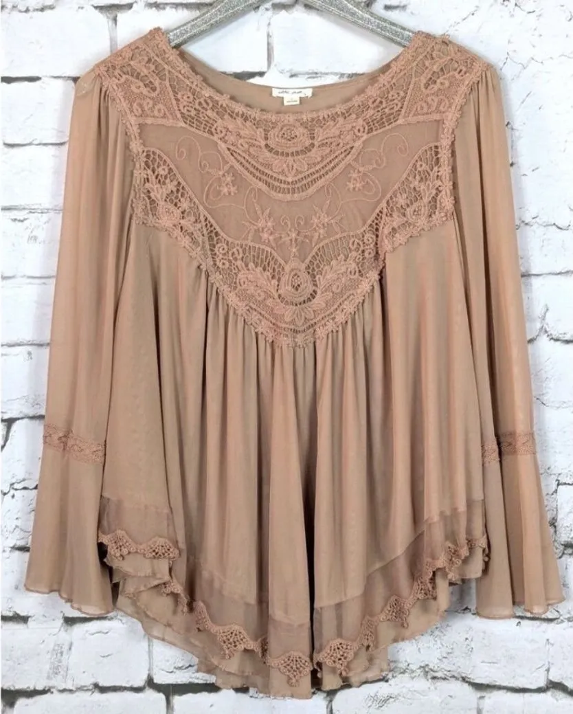 Ultra Pink Boho Crochet Lace Bell Sleeve Tunic Top Tan Earthy Festival Casual M - Image 1