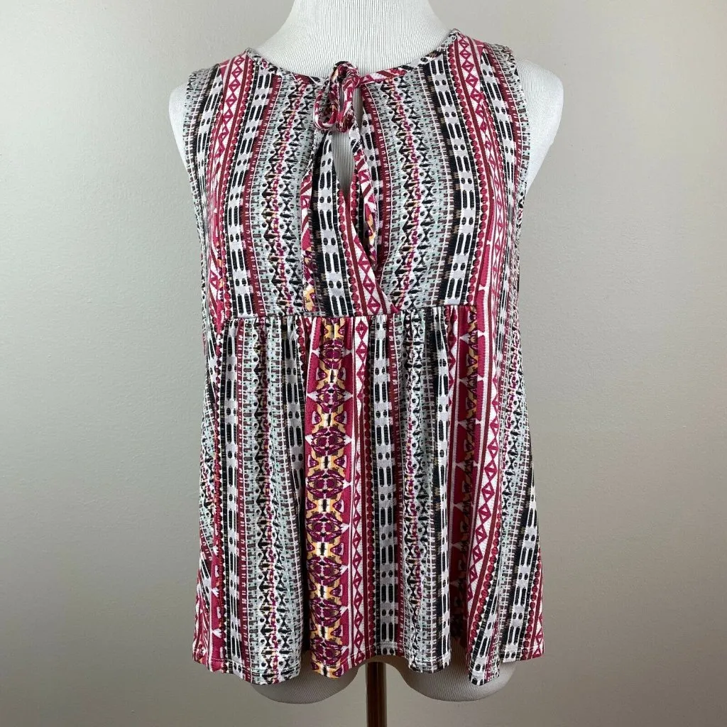 Sanctuary Top Womens Small Tank Tribal Printed Self Tie‎ V-Neck Multicolor New - Image 2