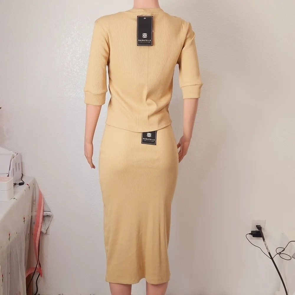 Bagatelle Camel Tan Stretch Cotton 2Piece Midi Pencil Skirt Top Set Sz: S - Image 6