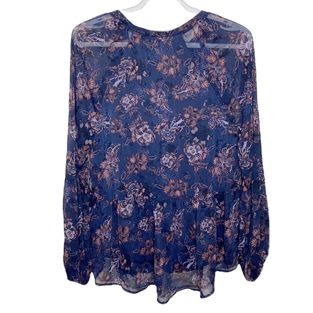 Knox Rose navy floral print sheep boho blouse with lace up detail size M - Image 2