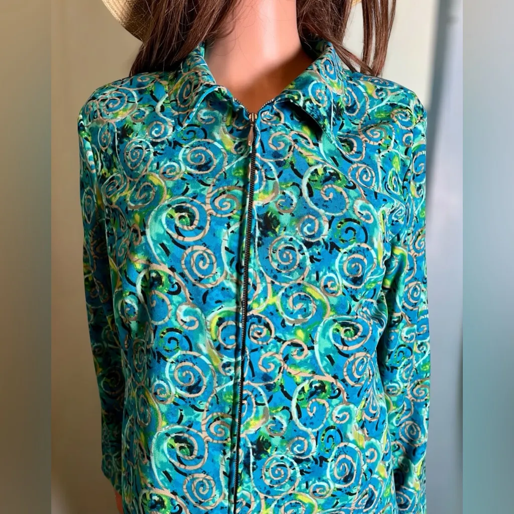 Christopher & Banks-Jacket-Full Zip-Blue Green Teal Swirl-Pockets. Size Large - Image 4