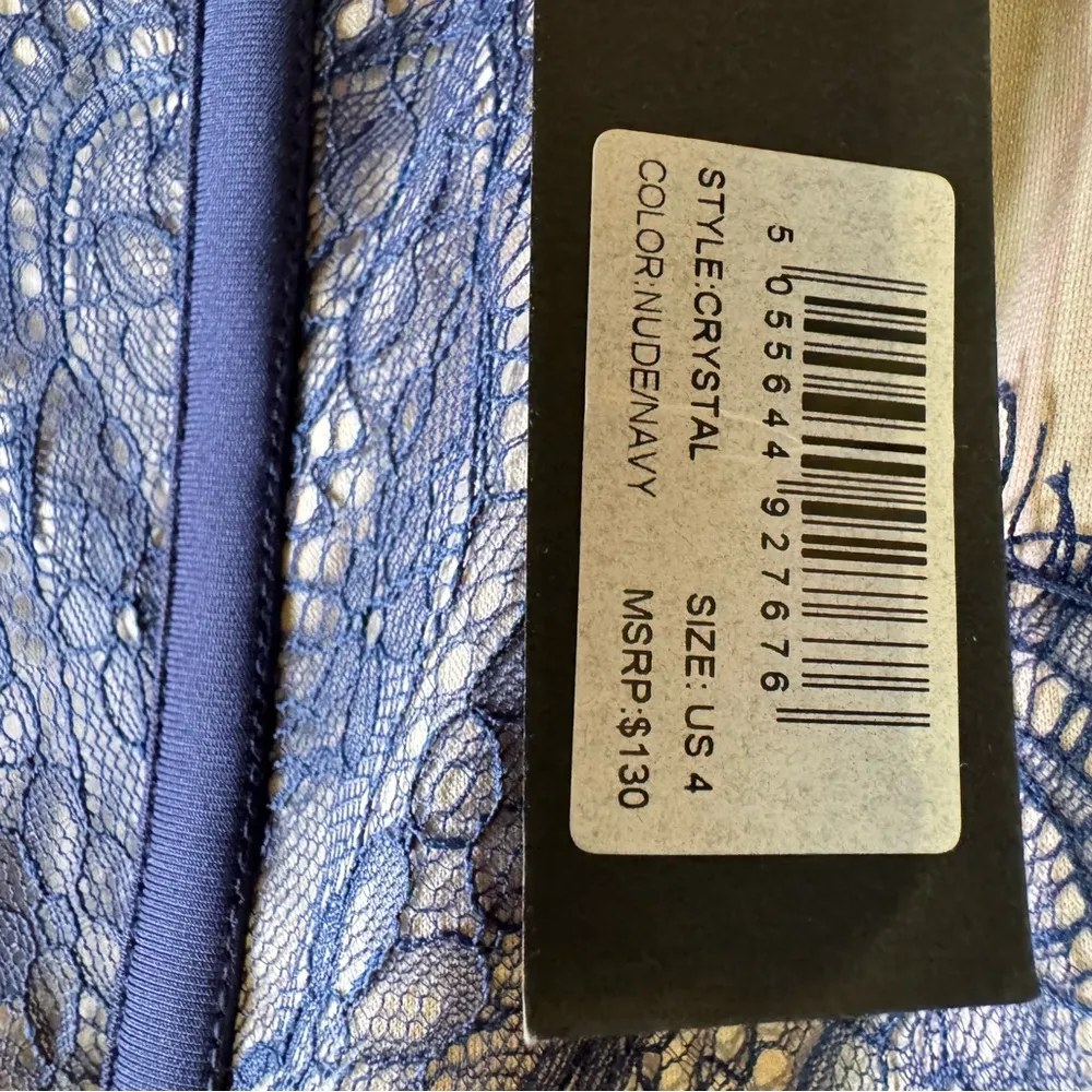 London Dress Company Nude Navy Lace Eyelash Fringe Sleeveless Dress Whimsigoth Tan Size 4 - Image 6