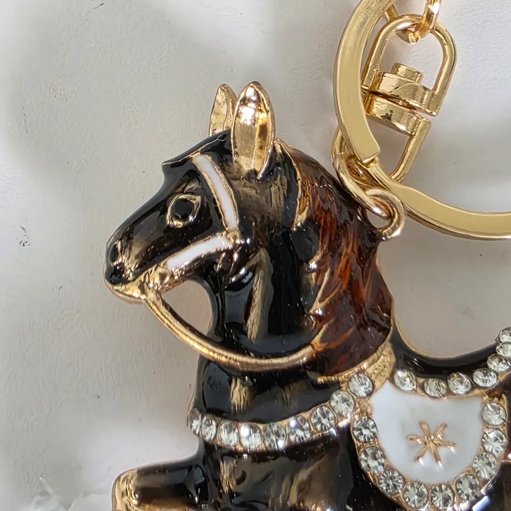 Statement Brown with Zircon Enamel Horse Purse Charm / Keychain Gold - Image 2