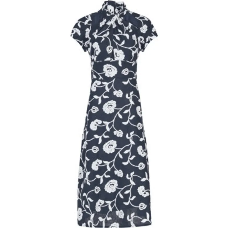 Silvia Tcherassi Lea Blue Embroidered Linen Cotton Midi Dress Twist Neckline S - Image 3