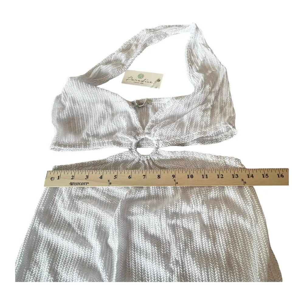 NEW Cut Out Crochet Beach COVER UP DRESS White Swim Bodycon LG Plunge Halter - Image 5
