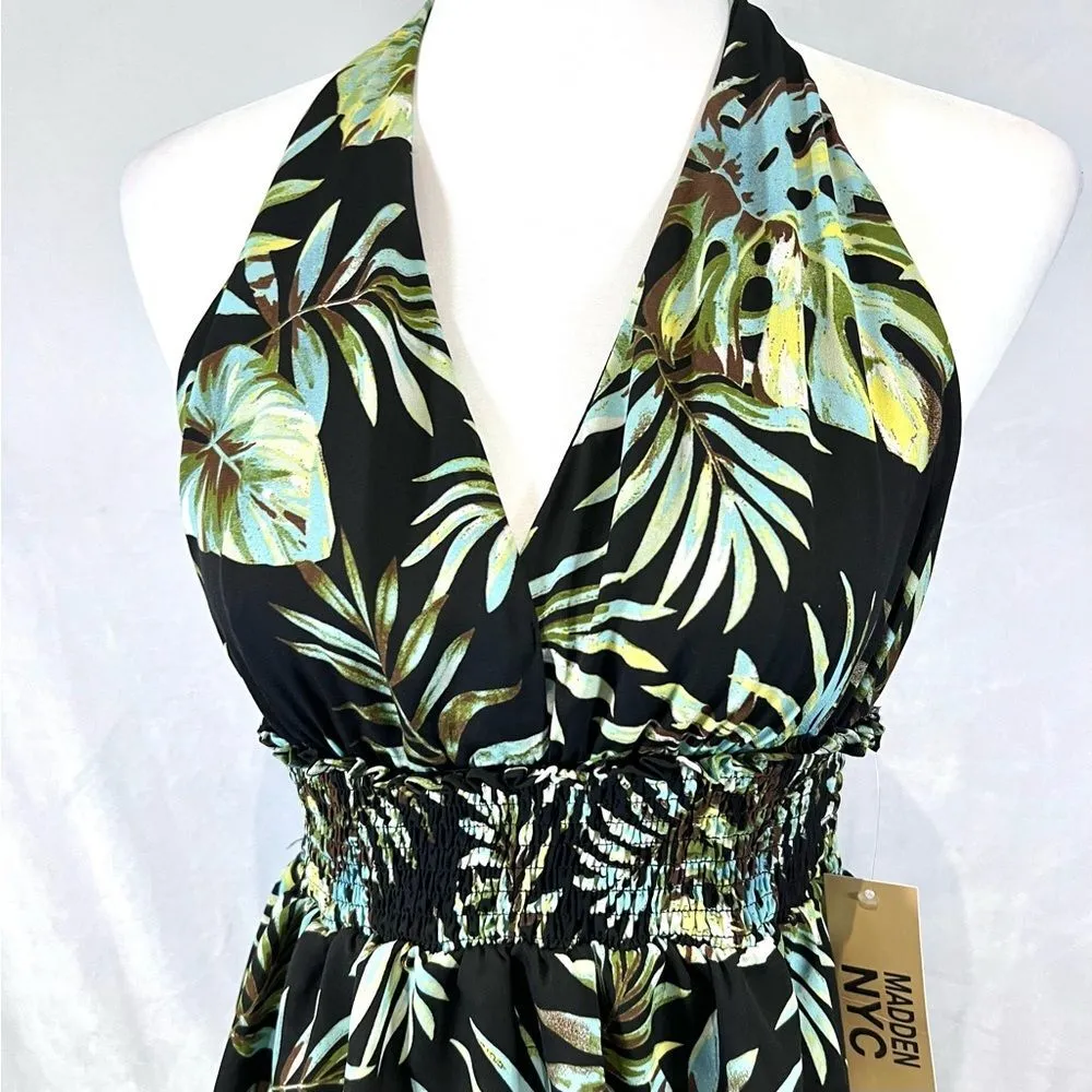 Madden NYC black tropical print tiered smocked halter dress size medium NWT - Image 3