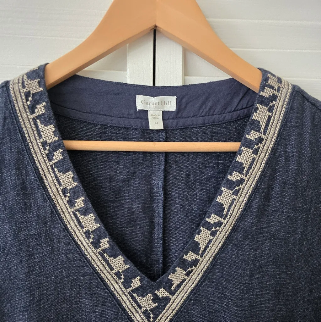 Garnet Hill Linen Embroidered Pocket Detail Coastal Grandma Beach Dress Size 14 - Image 5