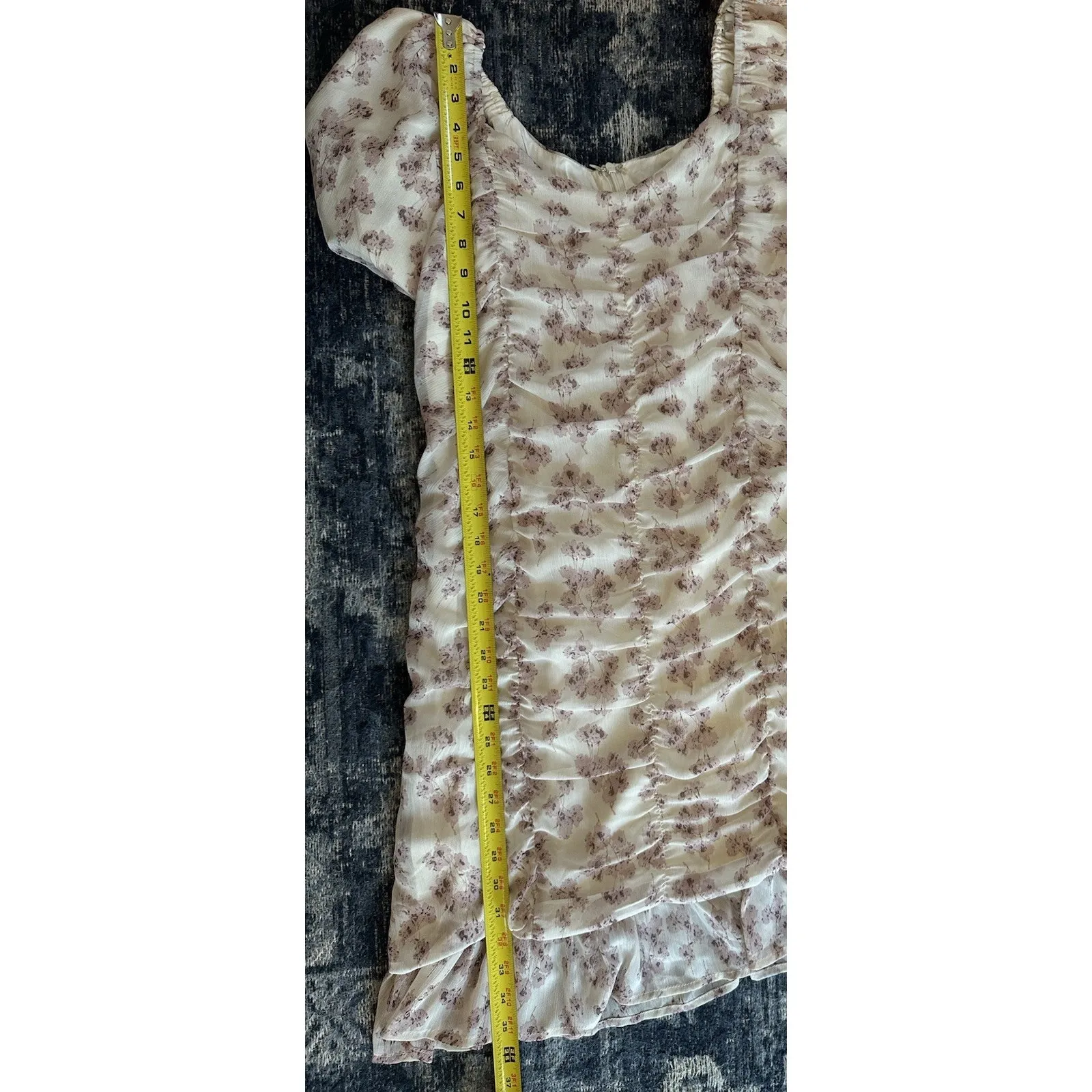 Hayden Los Angeles Dress Ivory Mauve Floral Puff Sleeve Ruched Body Con Sz.Large - Image 7