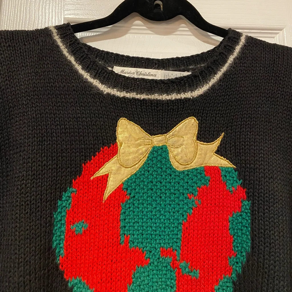 VTG Marisa Christina Size M/L Hand Knit Christmas Sweater World Peace Globe Black Size M - Image 2