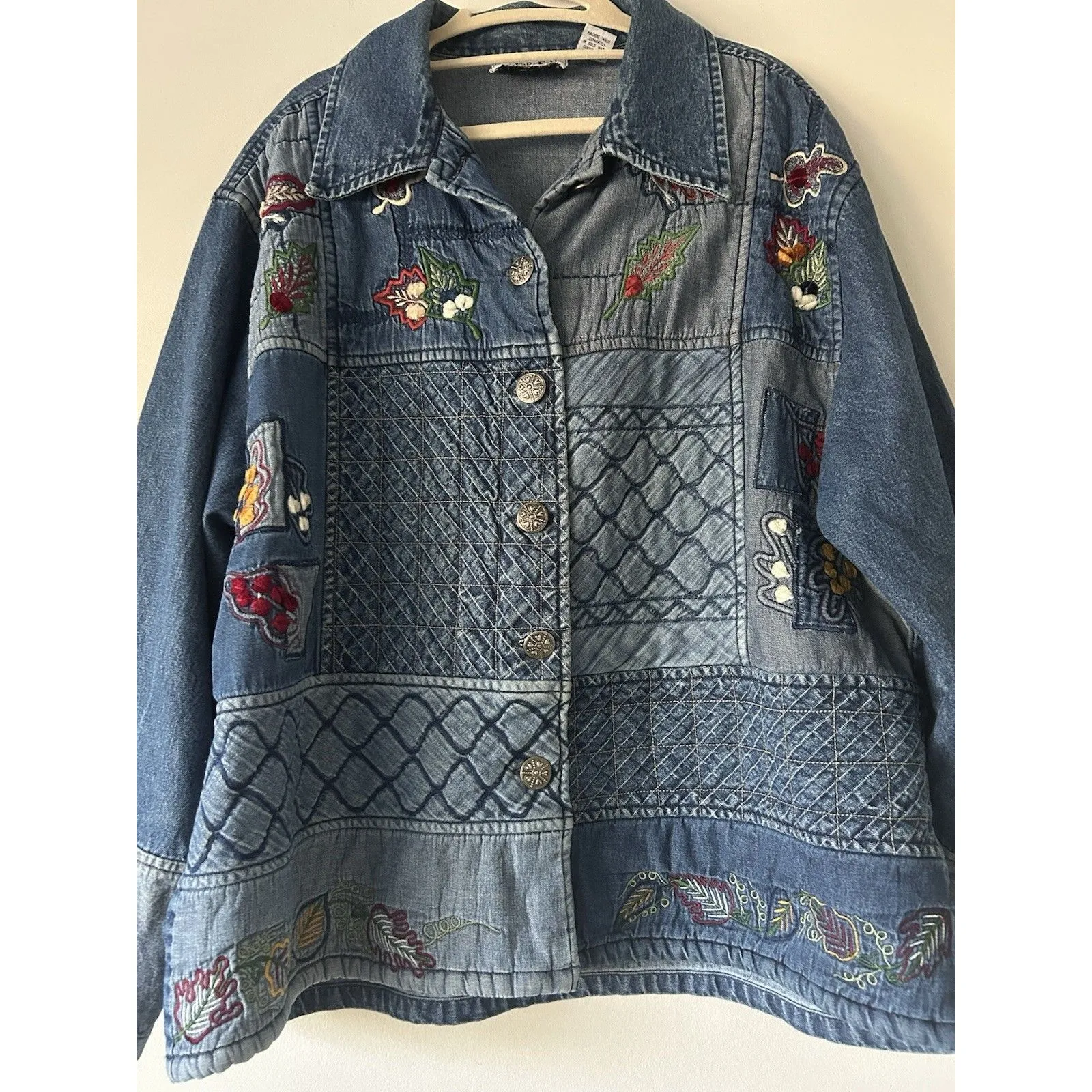 Vintage Keren Hart Quilted Patchwork Denim Jacket Size XL Cotton Fall Cottage Blue - Image 4