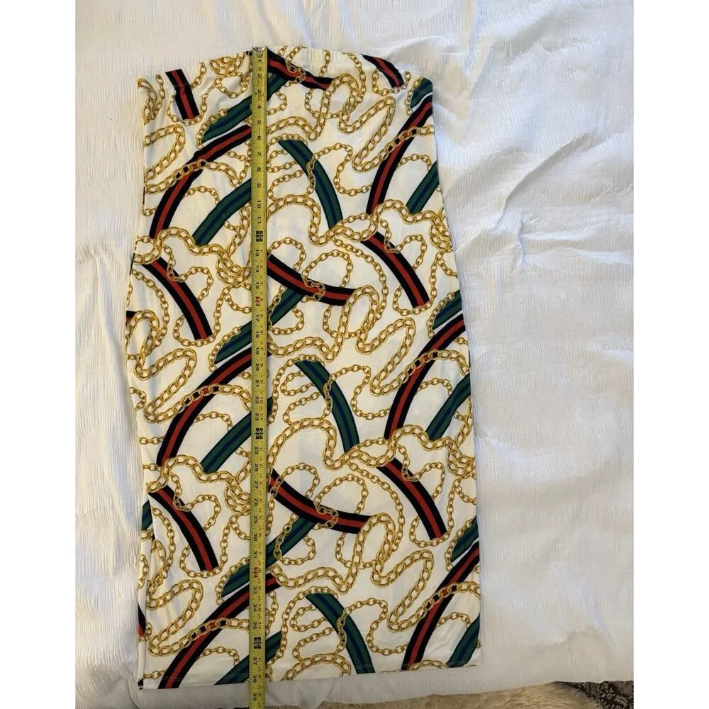 Women's Strapless Dress Swimsuit Coverup Gold Chain Print Green Red Stripe Size 1X - Image 4