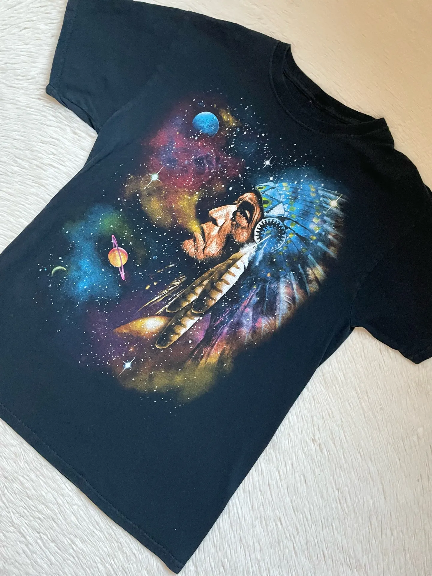 Vintage Native American chief cosmic galaxy smoke graphic short sleeve tee Black - Image 5