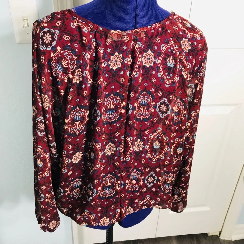 Chloe K Boho Paisley Floral Maroon Red V Neck Long Sleeve Peasant Blouse Size XL - Image 8