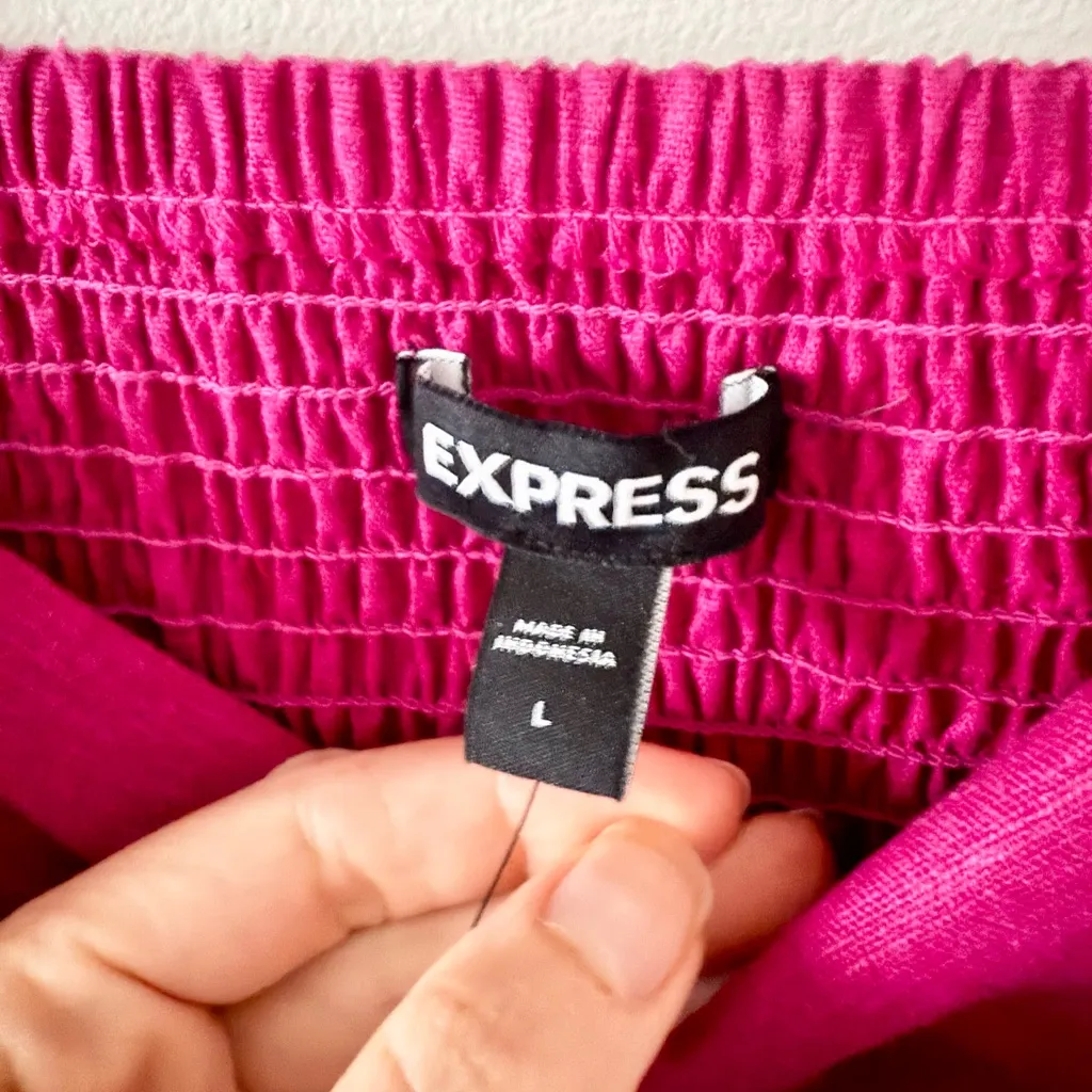 NWT Express Linen Blend Side Tie Mini Dress with Smocked Back in Dark Pink L - Image 5