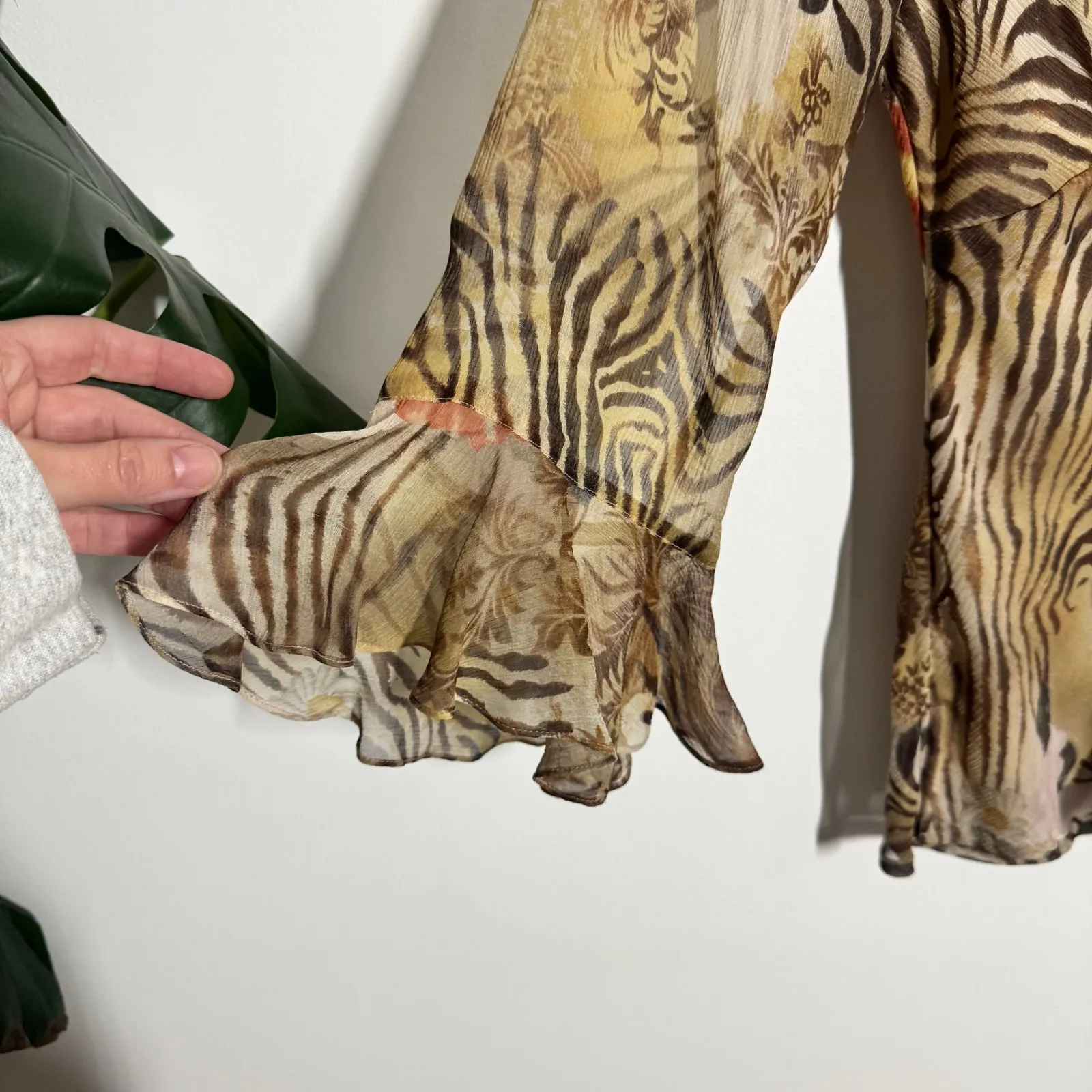 Vintage 90s Y2K Silk Babydoll Top Women M Brown Zebra Floral Bratz Going Out Size M - Image 5