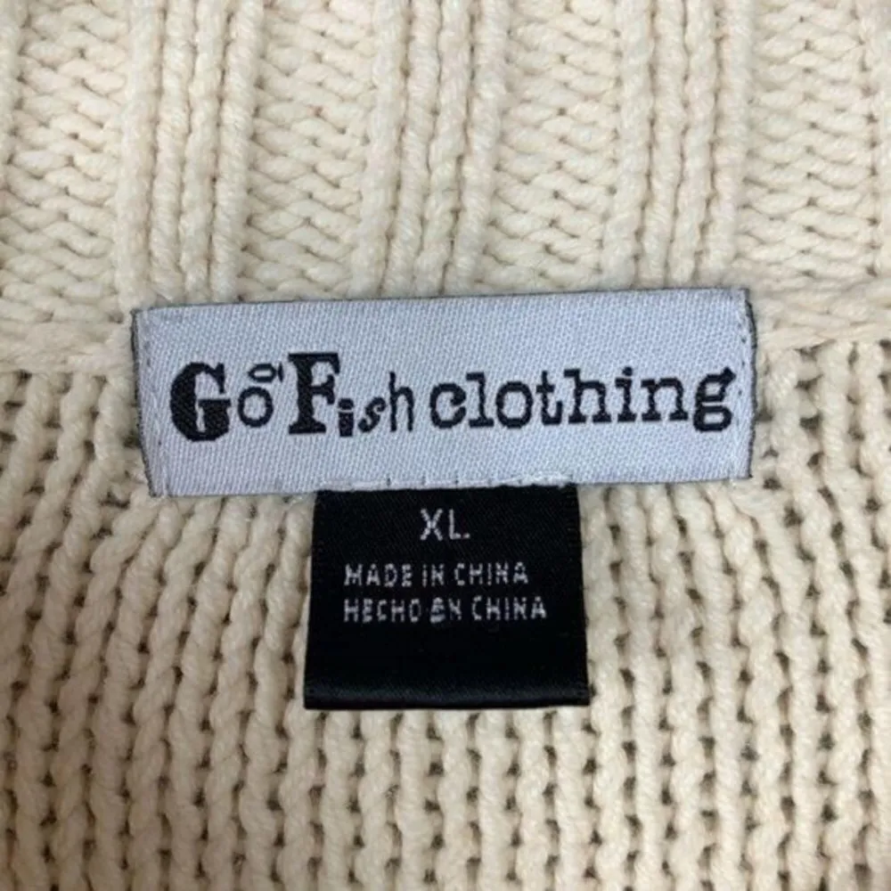 Vintage GoFish Cream Cable Knit Button Up Cardigan Sweater Large Buttons XL Tan - Image 6