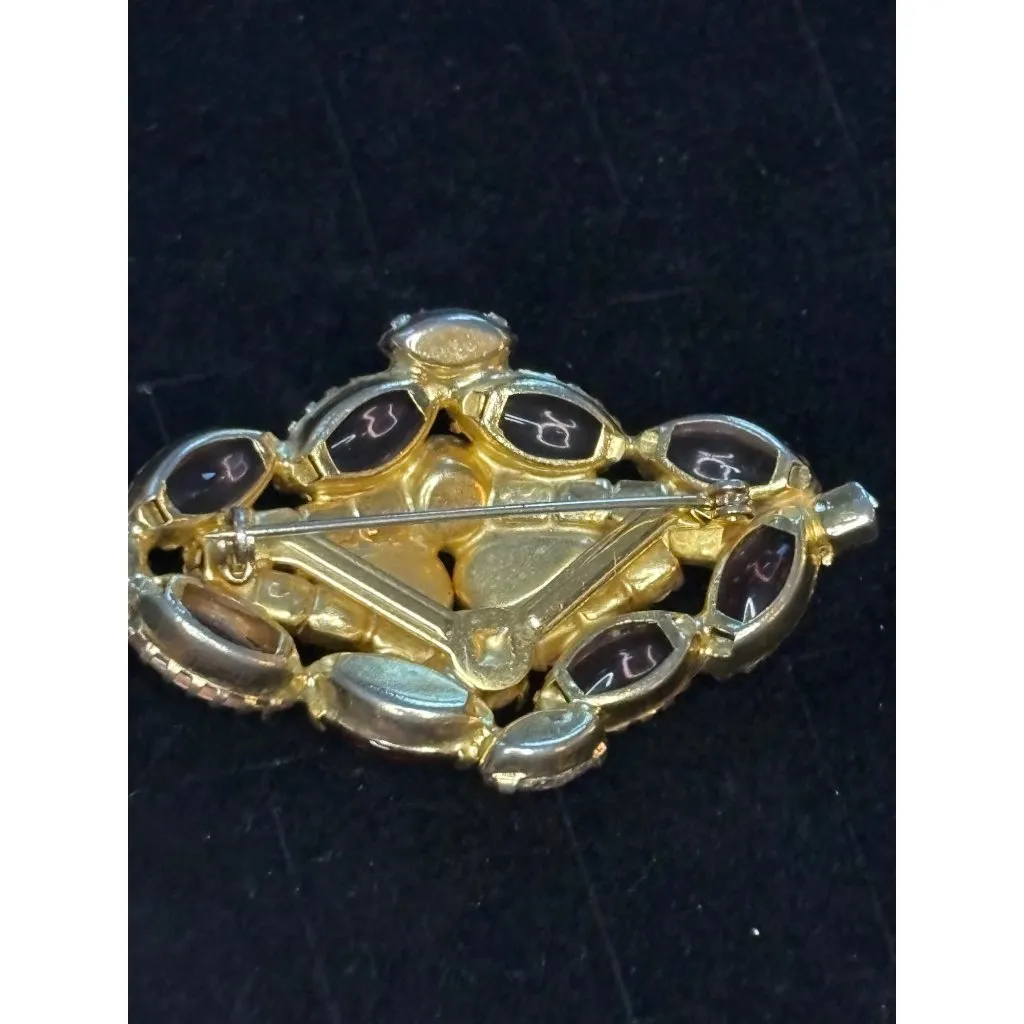 Vintage Rhinestone Brooch With Purple & Pink Stones In Gold - Image 3