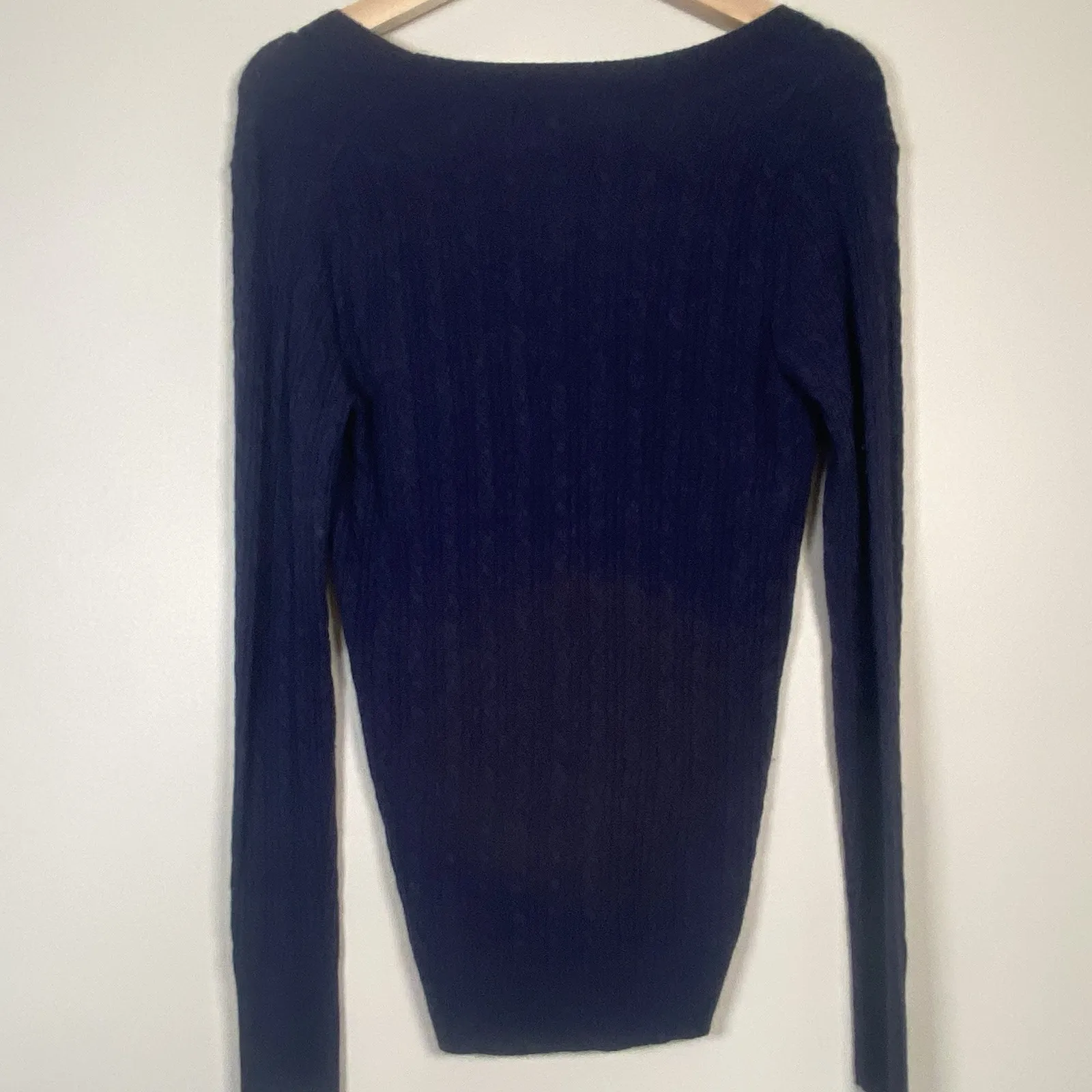 Express Cardigan Y2K Sweater 100% Cashmere‎ Navy Blue Cable Knit Sz L Slim Fit - Image 6