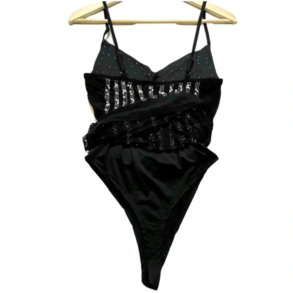 NWOT Pretty Pearls Bodycon Sheer Little Black Bodysuit Mini Dress - Image 7