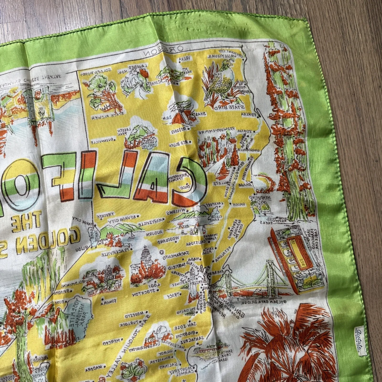Vintage California Map Silk Scarf Tourist Landmarks Souvenir 28x28 Hand Rolled - Image 13