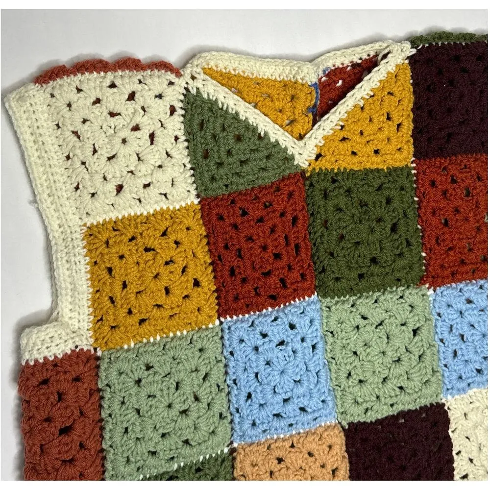 Vintage OOAK Handmade Crocheted Patchwork Hippie crop Vest Multicolor medium Brown - Image 15