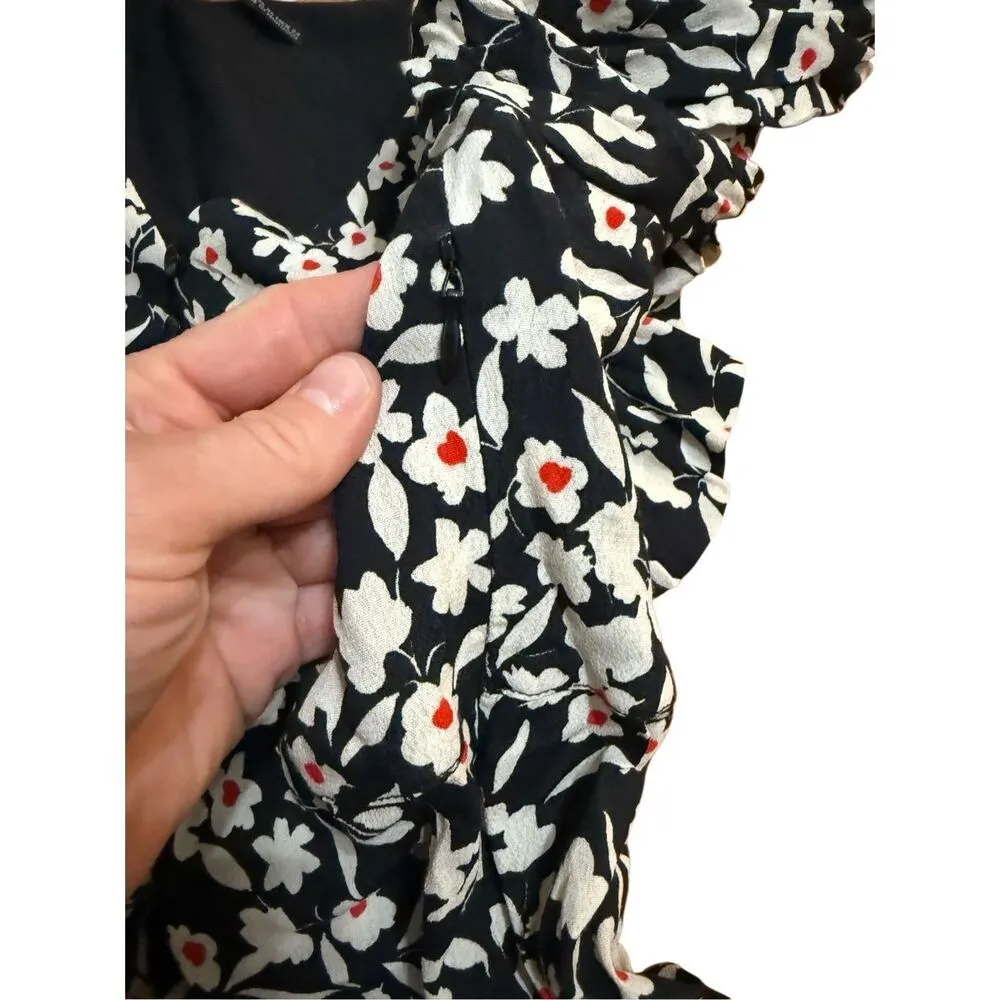 Zara Women’s Ruffle Floral Print Long Sleeve Dress Sz XS Black Cream - Image 9