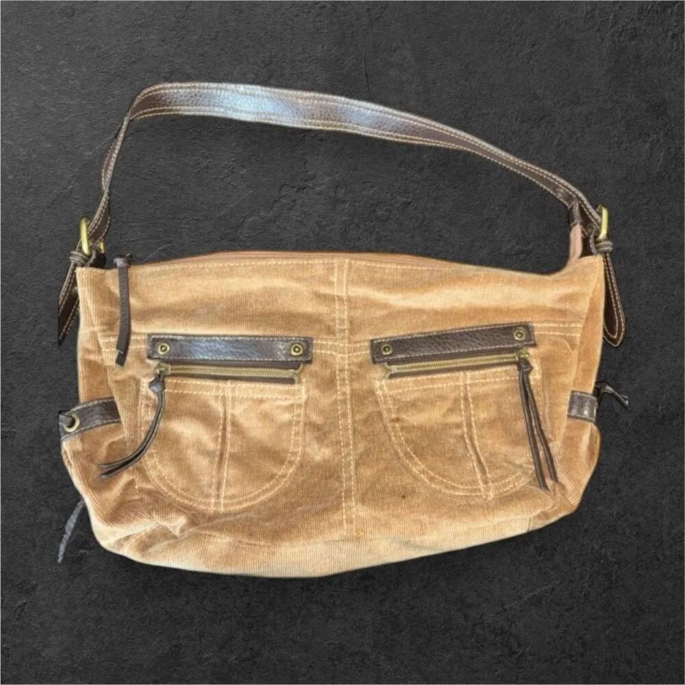 Vintage Y2K Womens Brown Corduroy Cotton Pebbled Leather Shoulder Bag 90's Retro - Image 2