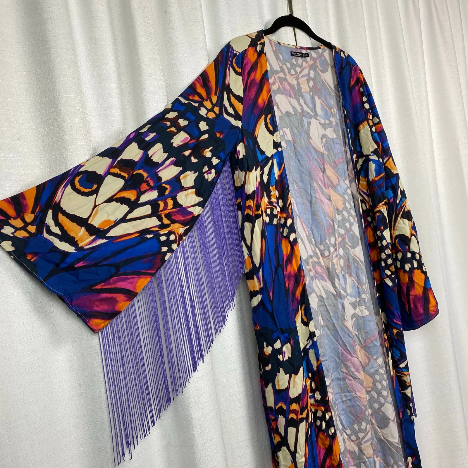 Nasty Gal Blue&Purple Butterfly Print Fringe Open Front Duster Kimono Sz.4 - Image 5