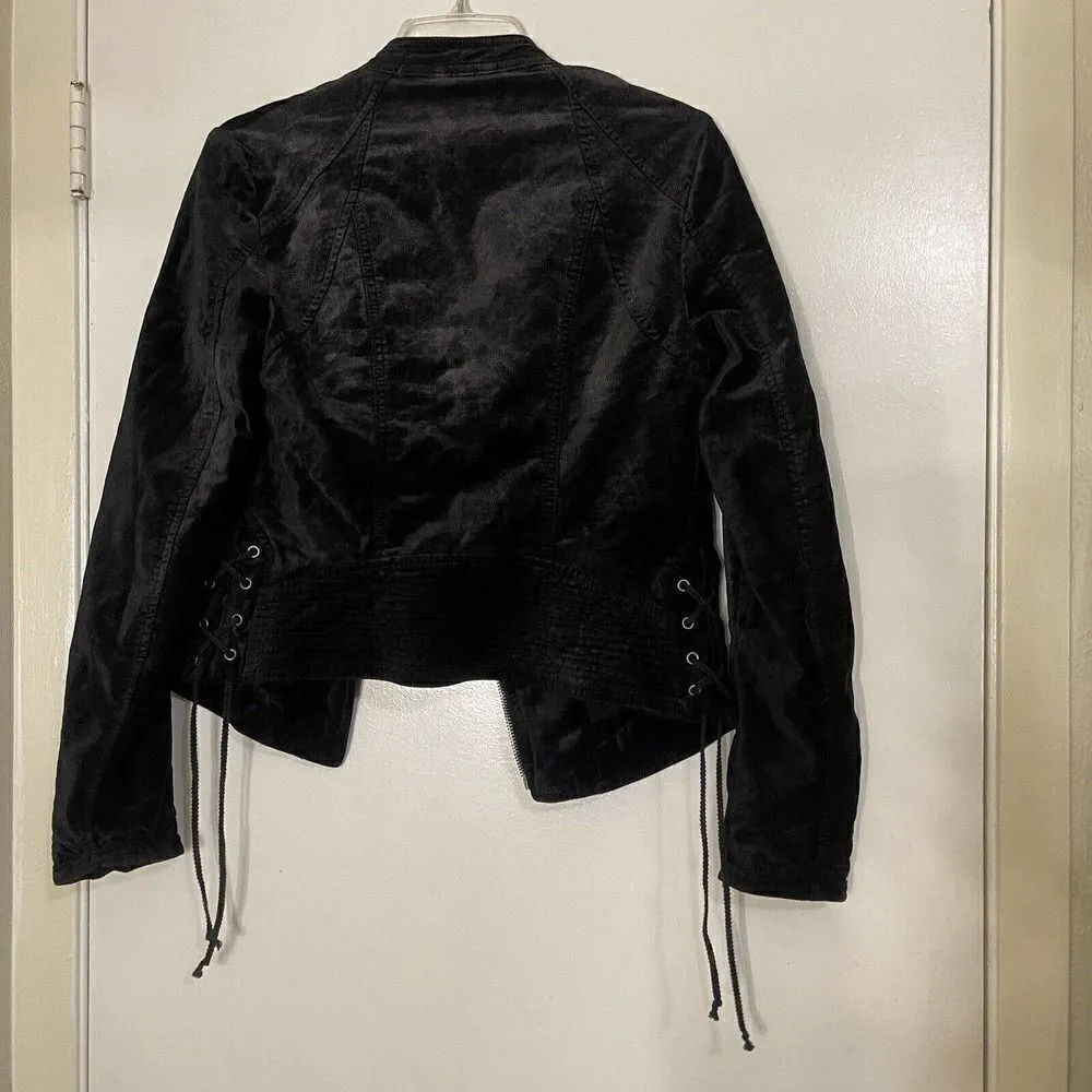 FREE PEOPLE black velour motorcycle full zip jacket lace sleeve detail SMALL - Image 7