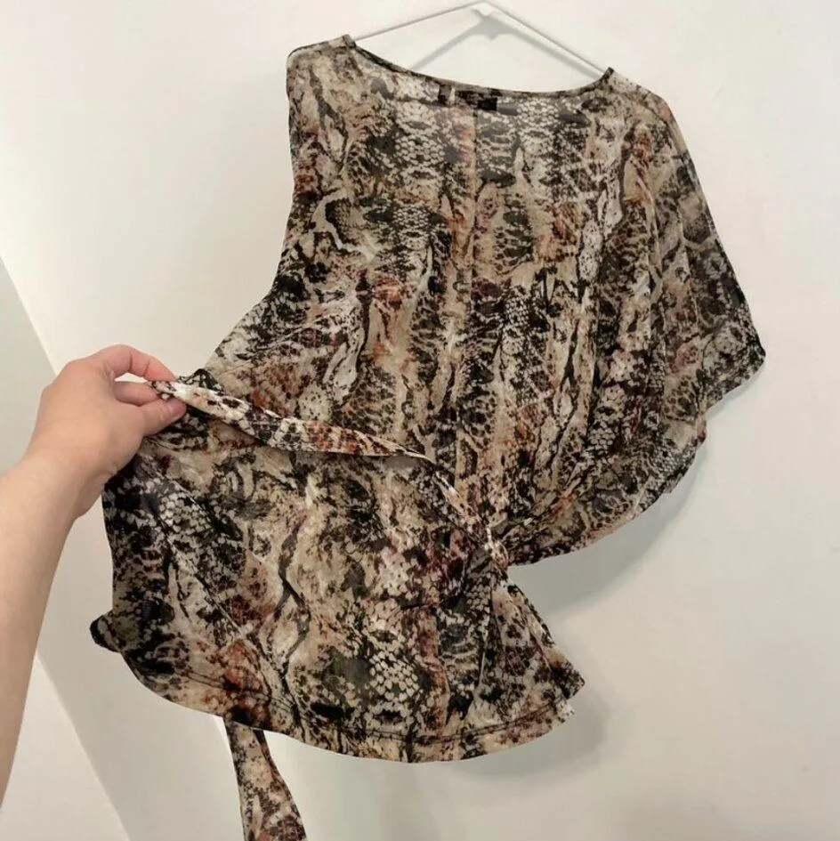 APT. 9 Plus Size Cream Beige Black Brown Snakeskin Snake Belted Tie Mesh Blouse - Image 14