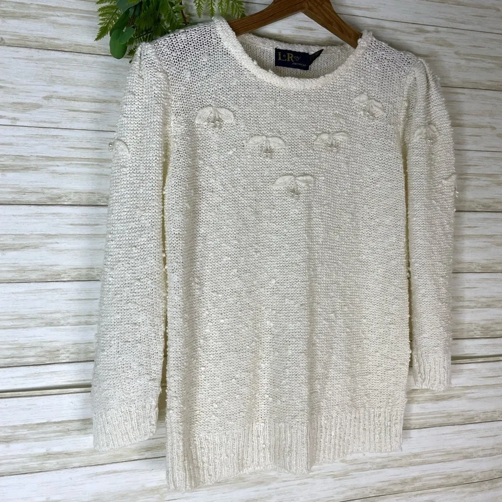 Vintage ivory cherry open knit sweater Size L - Image 3
