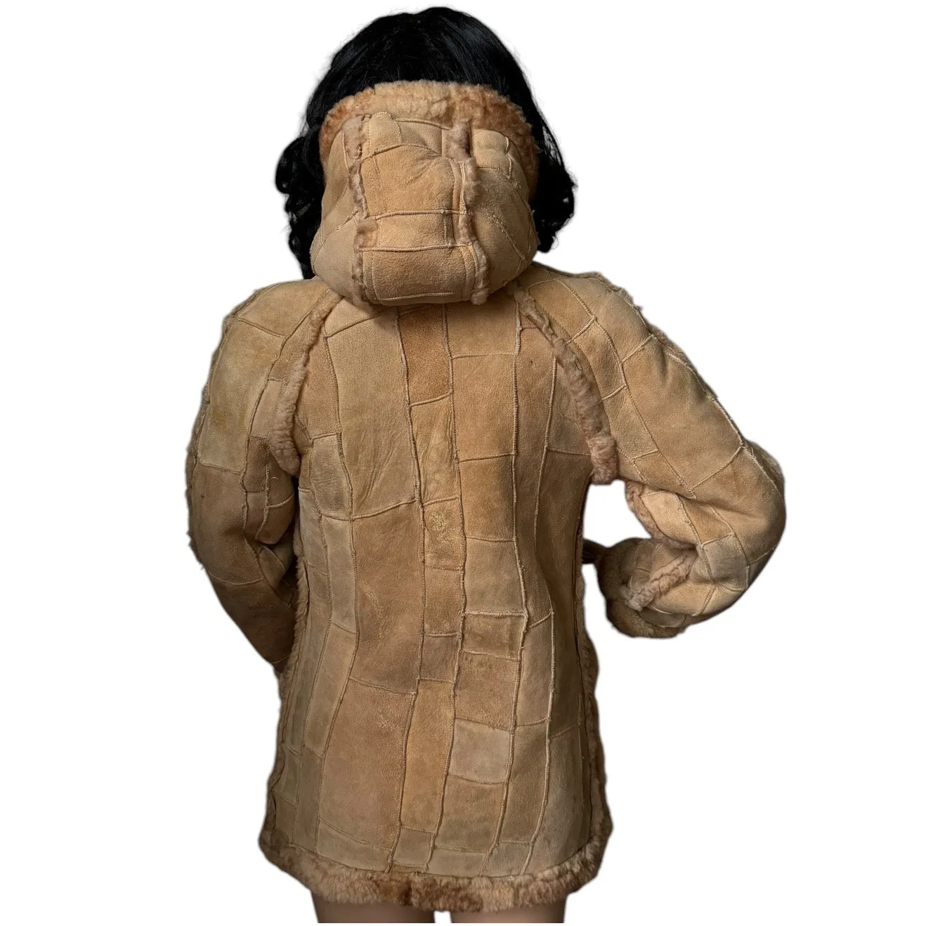 1970s Unbranded Patchwork Shearling Hooded reversable Coat size small - Image 5