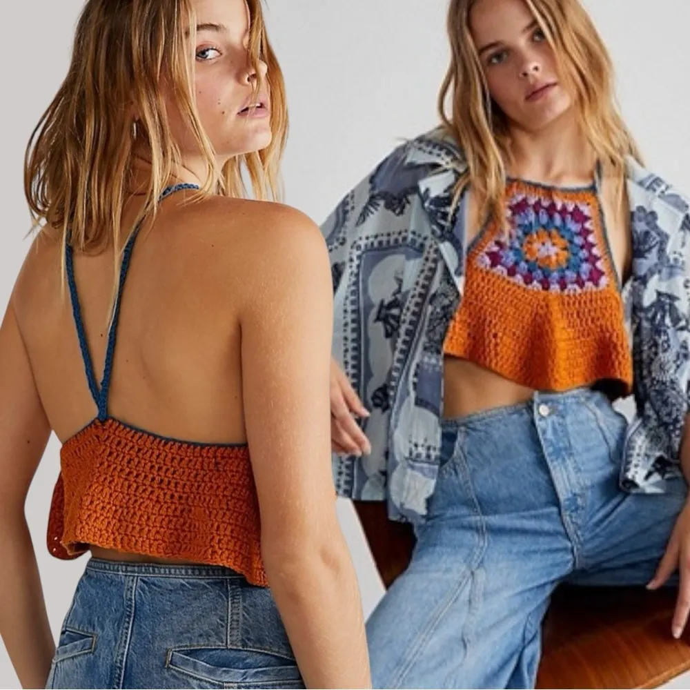Free People Festival Retro 70s Bella Crochet Halter Top XS Bohemian Coachella - Image 2