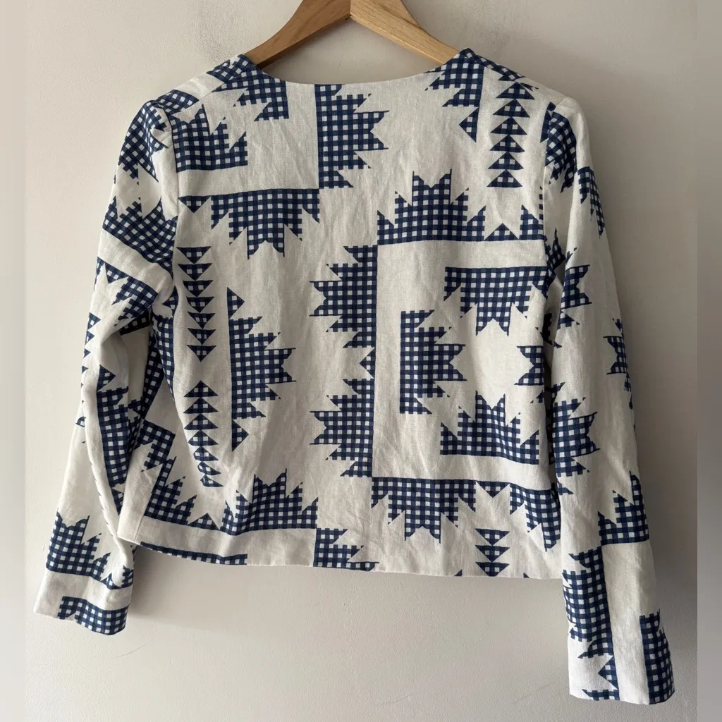 Caroline Constas Quilted Jacket Blazer Gingham Blue Linen Blend - Image 5