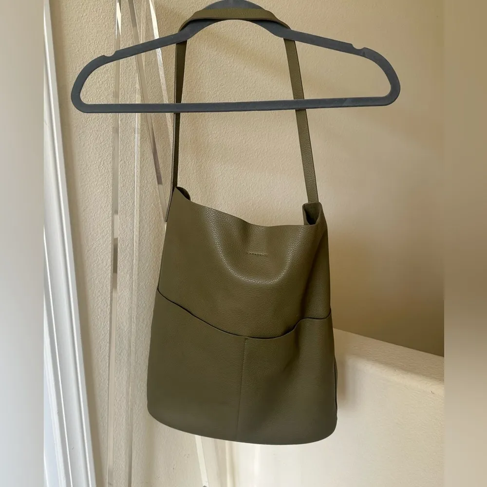 World Market Olive Green Faux Leather Minimalist Hobo Tote Bag - Image 3
