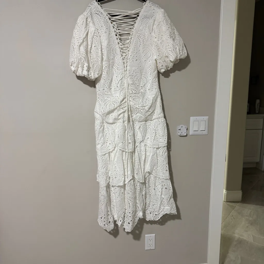 FARM Rio White Cotton Eyelet Puff Sleeve Midi Dress XL - Image 5