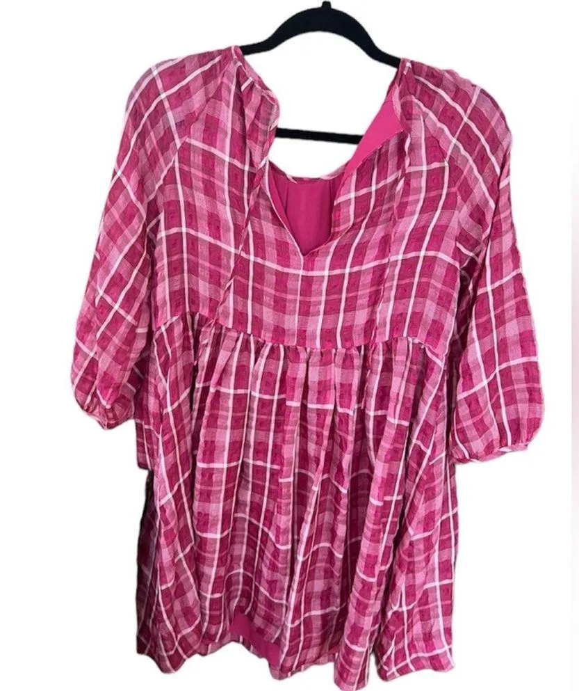Madewell Plaid Shirred Babydoll Mini Dress Pink - Image 4