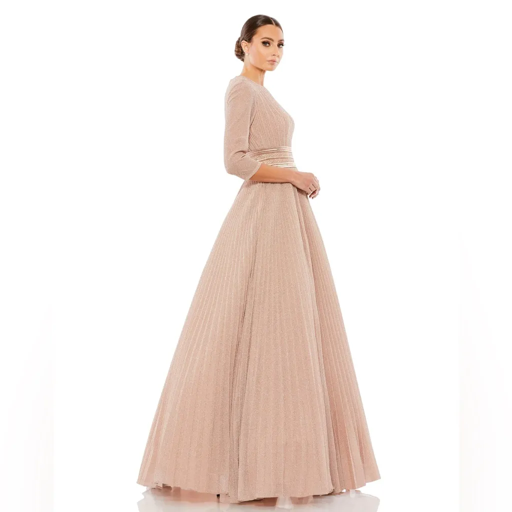 Mac Duggal‎ Shimmering Pleated A-Line 3/4 Sleeve Rose Gold Ballgown NWT - Image 2