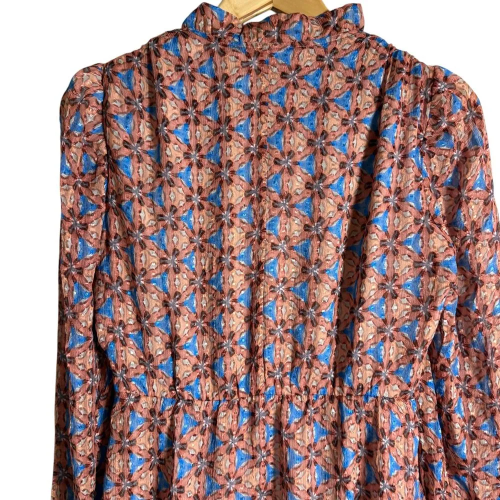 Marie Oliver Alana Floral Kaleidoscope Silk Long Sleeve Ruffled Mini Dress XXS - Image 9