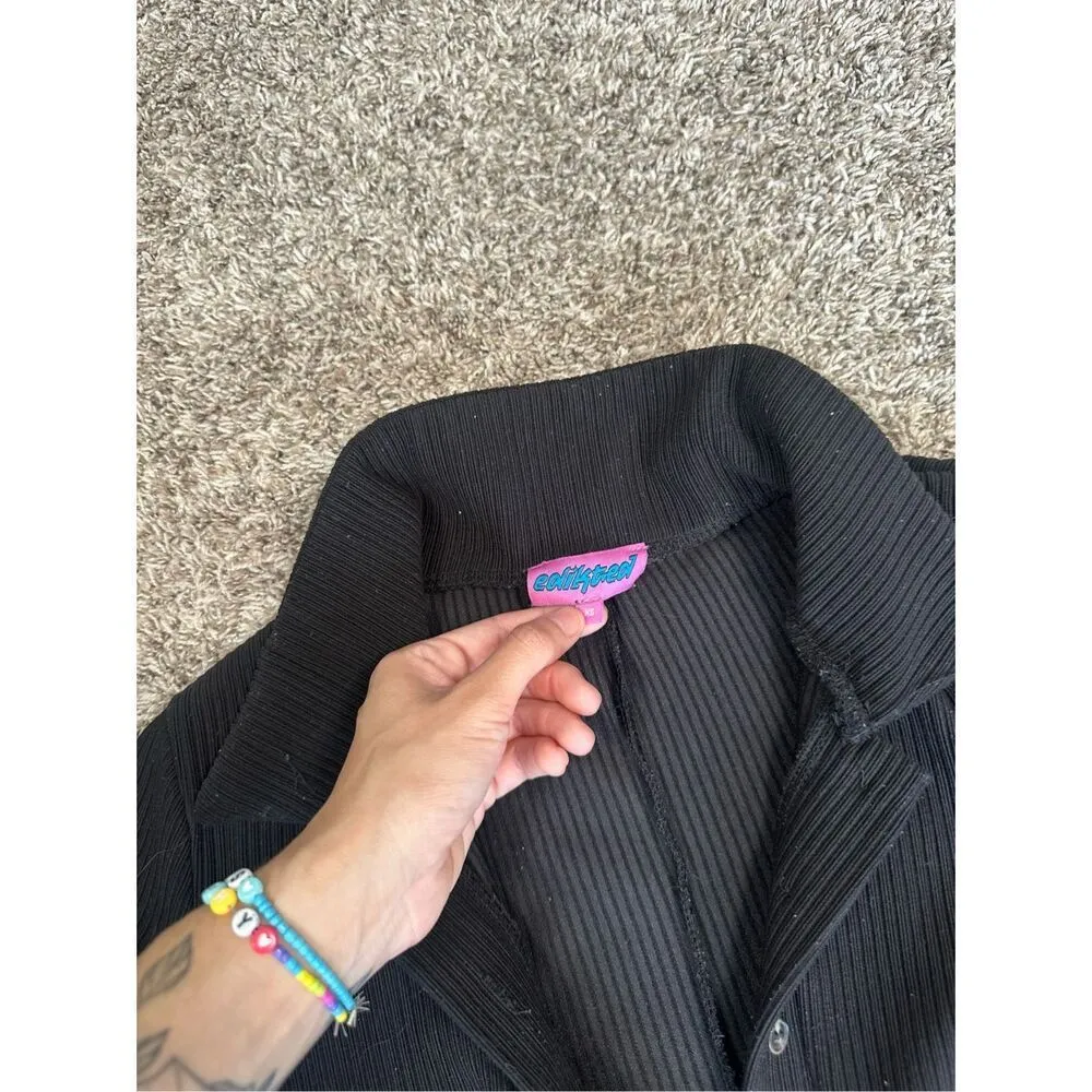 Edikted Lucia Ribbed Knit Romper One Piece Black Button Front Fitted Size XS - Image 4