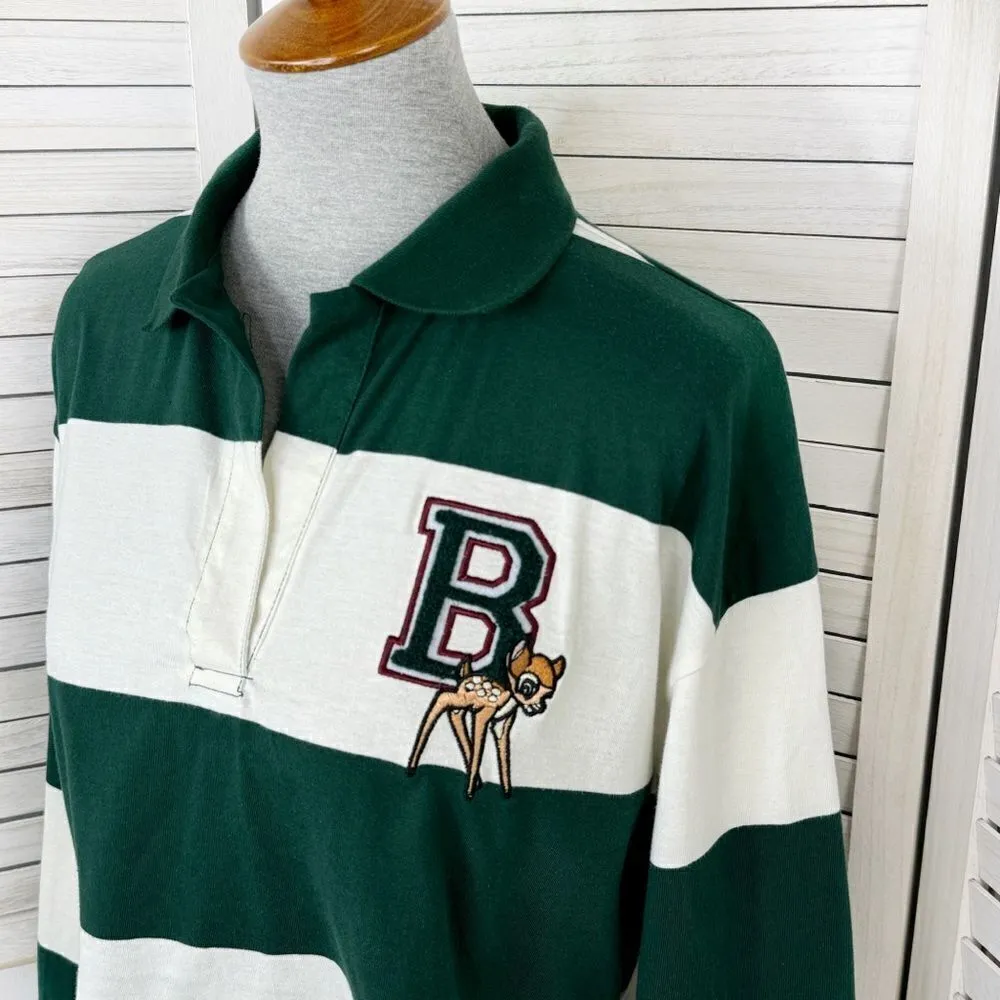 Disney Bambi Rugby Stripe Cropped Polo Shirt Green White Small Long Sleeve - Image 5